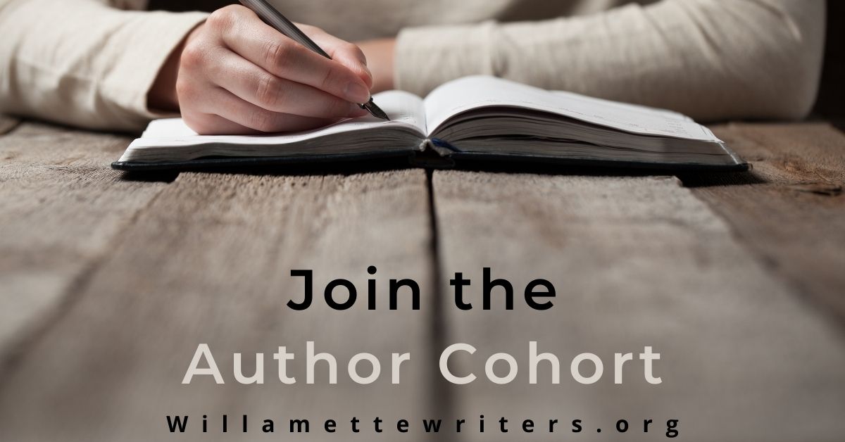 Photo of person writing with text - join the author cohort