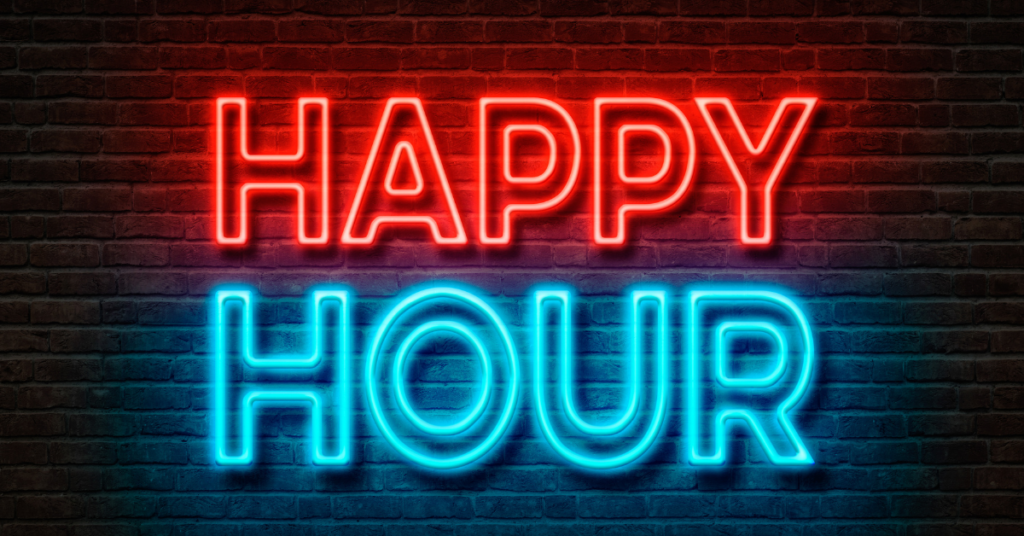 Happy Hour sign in red and blue on wall