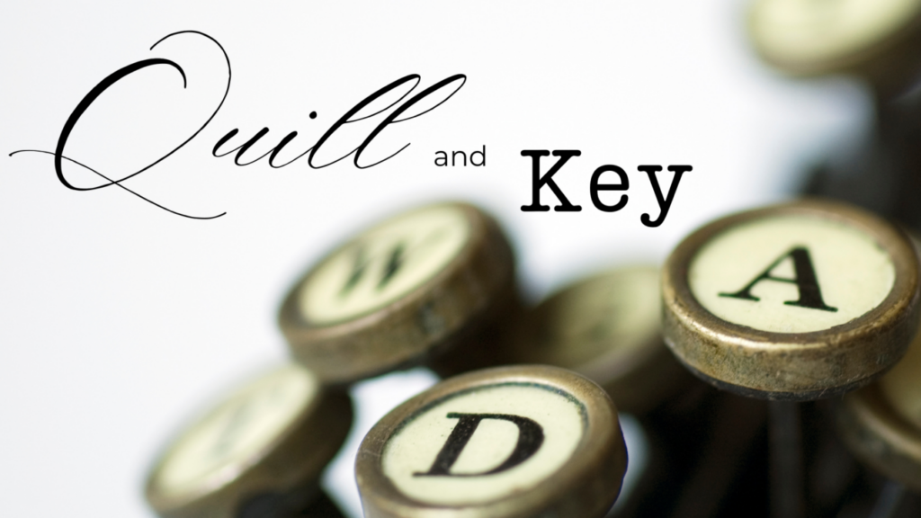 Quill & Key Graphic with closeup of typewriter keys
