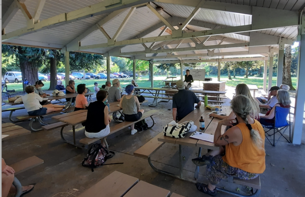 Our Corvallis Willamette Writers on the River meeting outside on a warm summer day
